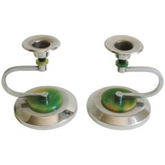 Pair of English Art Deco Chrome Candlesticks with Black & Green Bakelite Accents 3