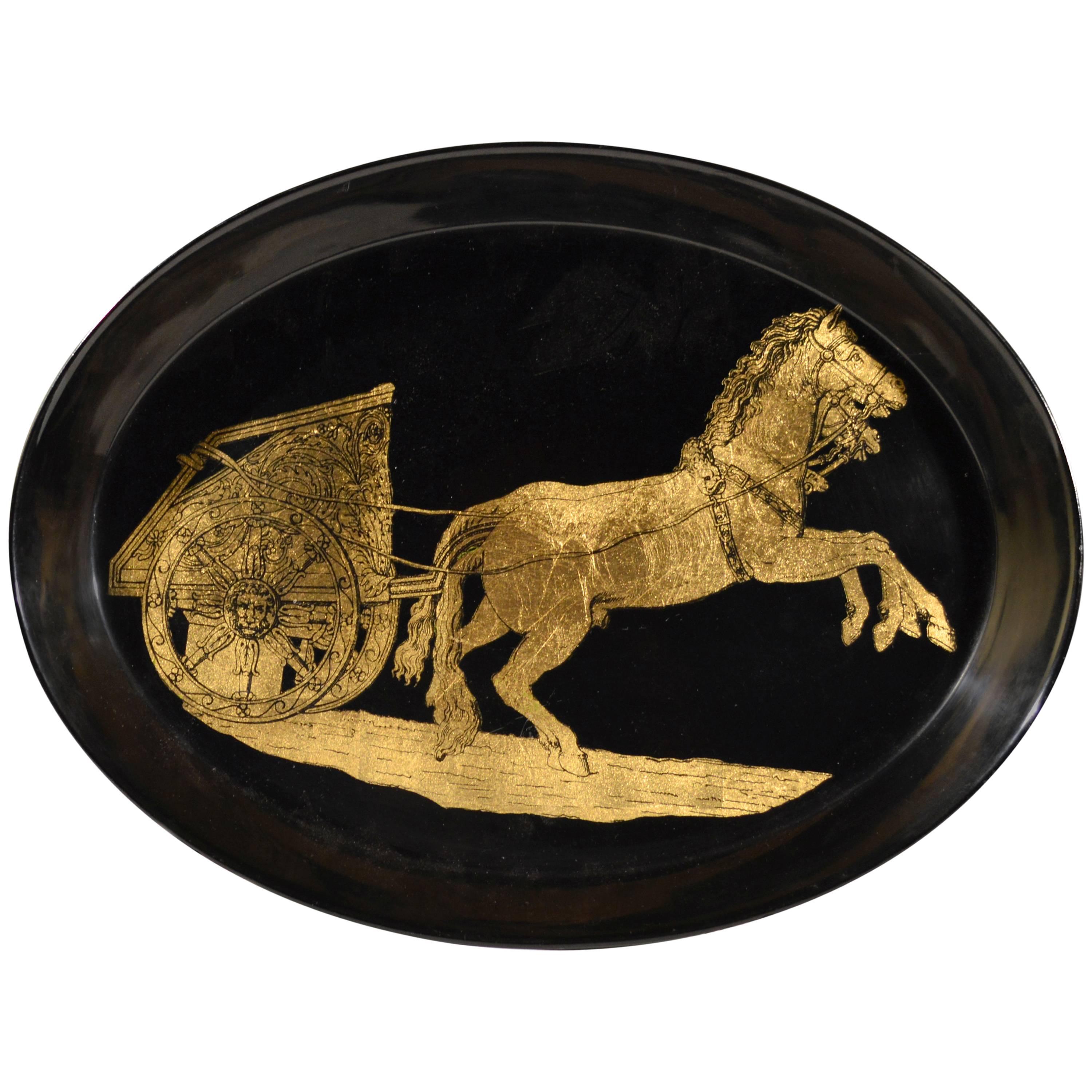 Piero Fornasetti Black and Gold Neoclassical Metal Tray with Horse and Chariot