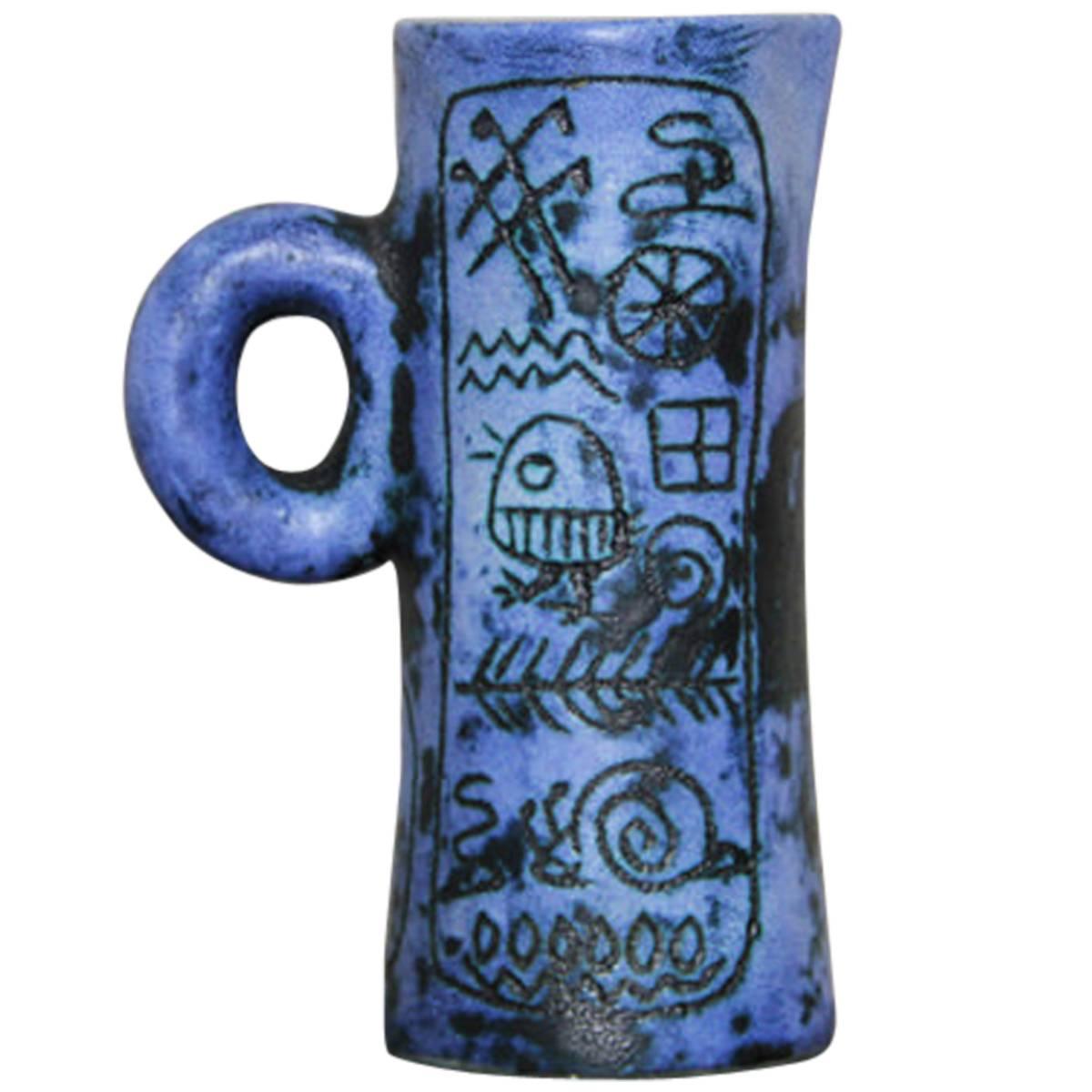 Blue Ceramic Sgraffito Pitcher by Jacques Blin, 1950s For Sale