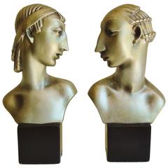 Pair of American Hollywood Regency Metallic Finished Plaster Male & Female Busts