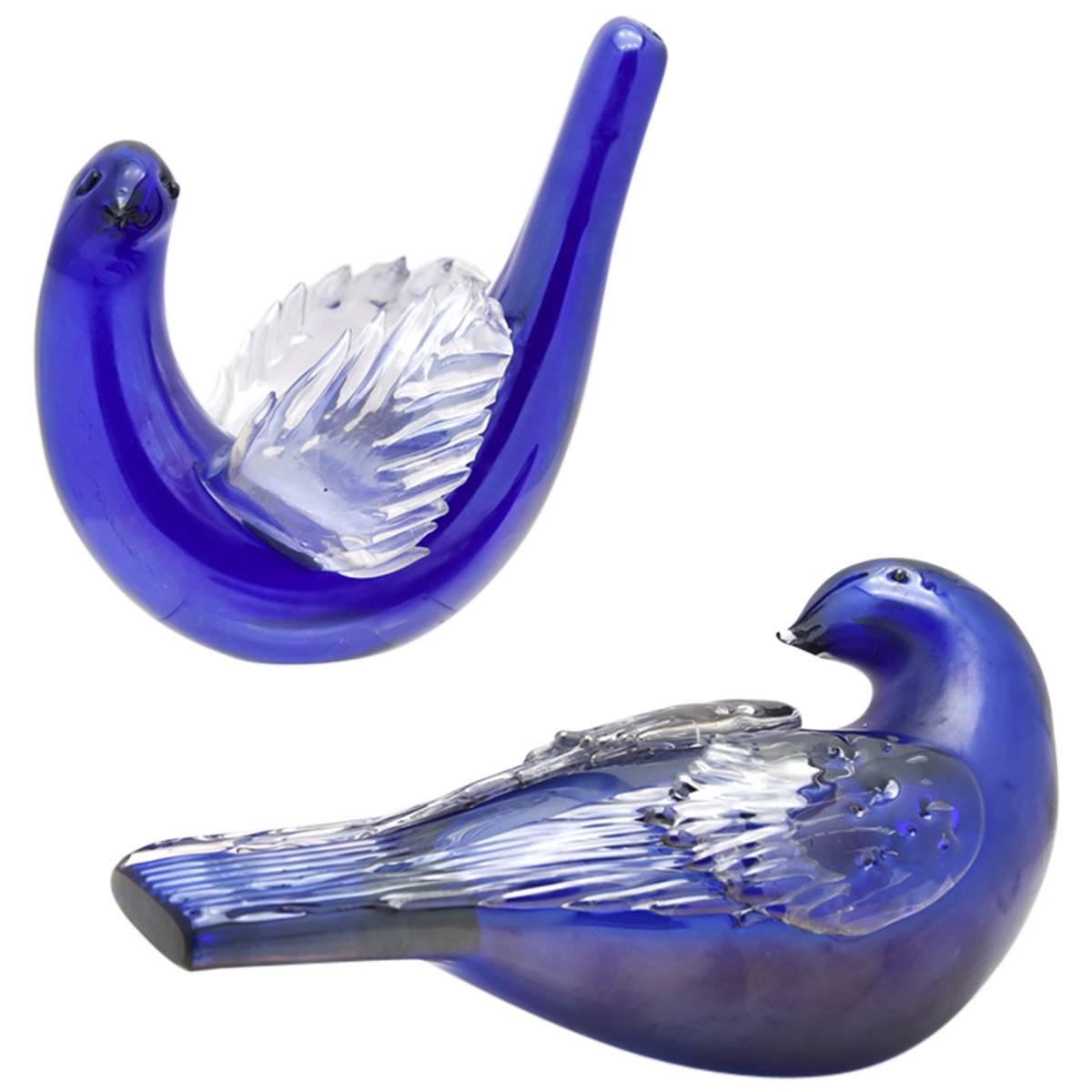 Signé Venini Murano - Oiseaux bleus colombes conçus par Tyra Lundgren
