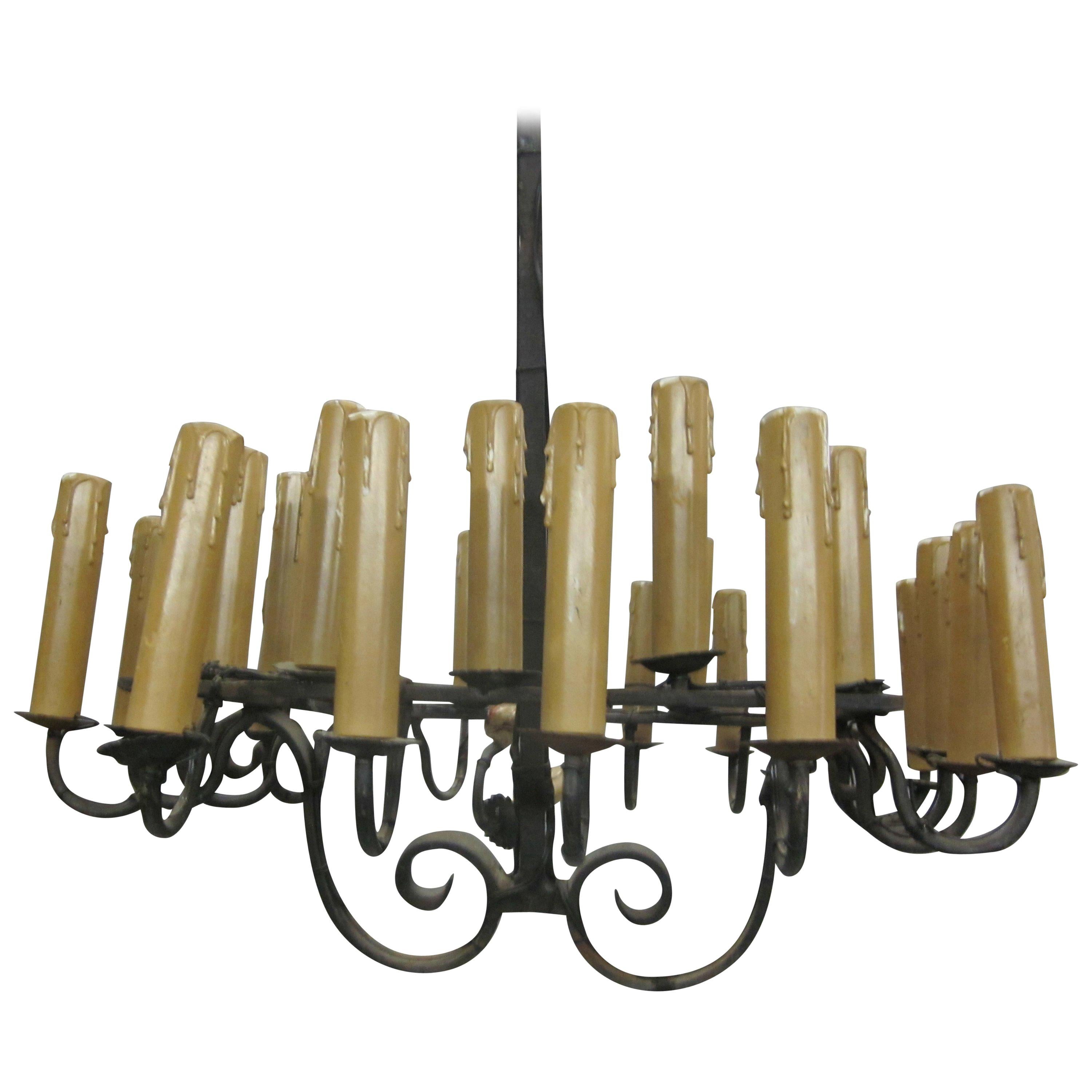 French Mid-Century Modern/ Brutalist Hand Wrought Iron Chandelier with 28 Lights