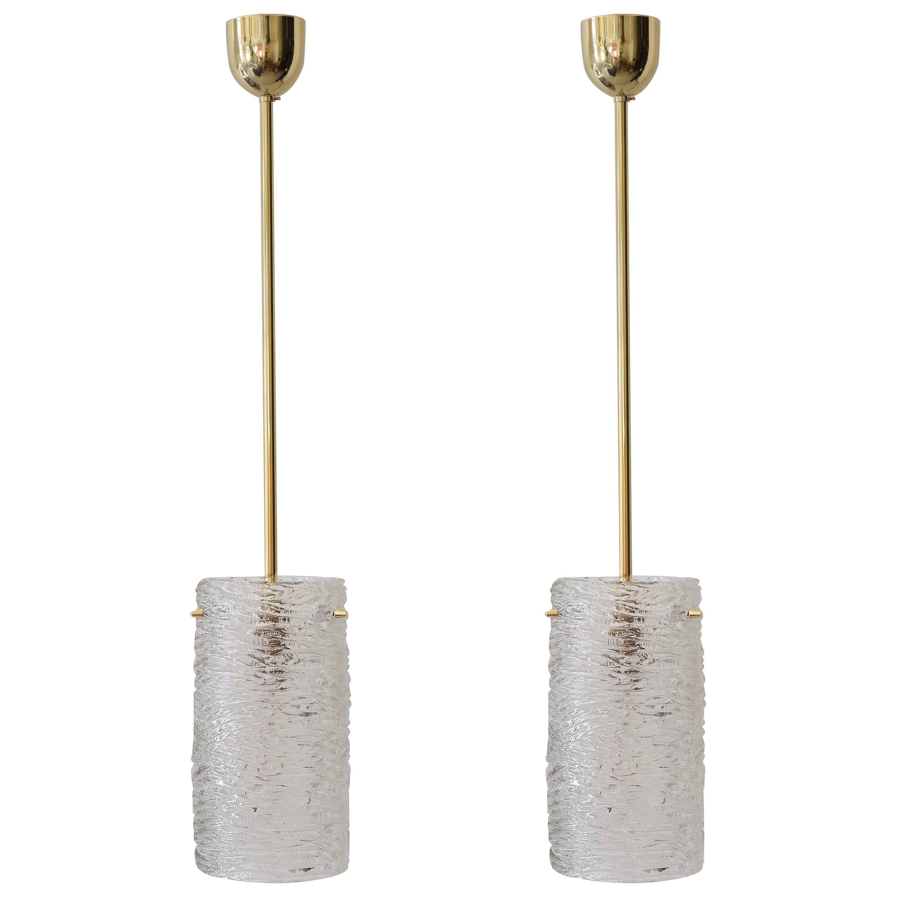 Two Beautiful Kalmar Vienna Glass Tube Brass Pendant Lamps For Sale