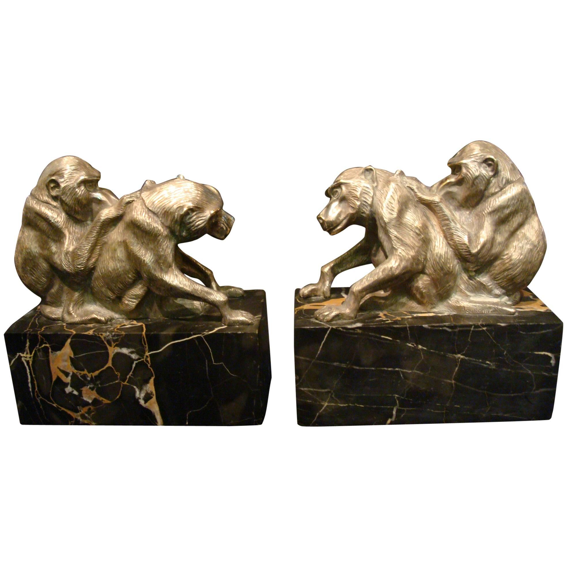 Art Deco silvered sculpture of  Group of Monkey's Bookends, France, circa 1925