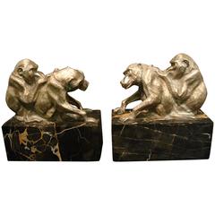 Silver Plated Bronze Heavy Group of Monkey's Bookends, France, circa 1925 9