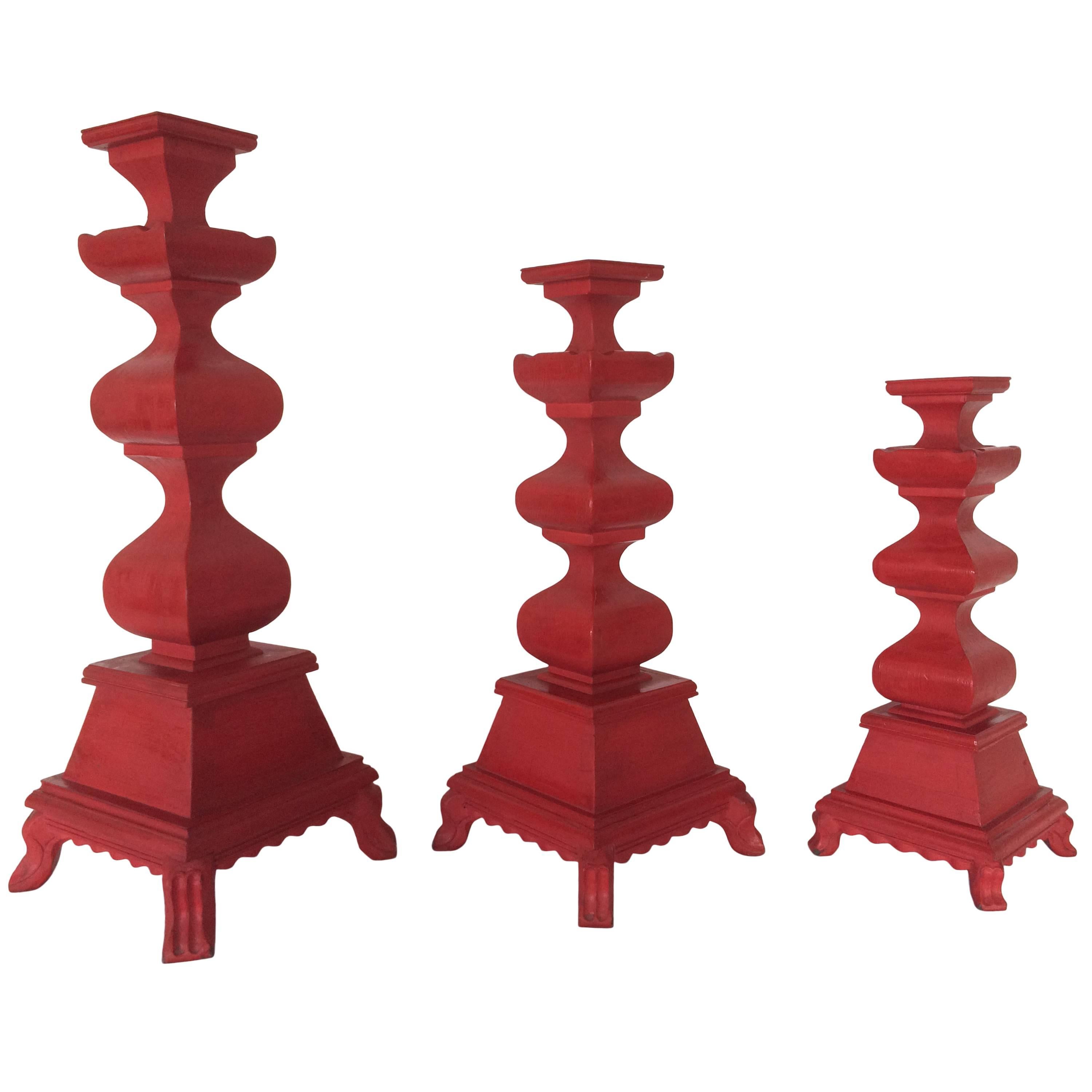 21st Century Set of Red Hand-Carved Wood Candleholders/Blandones For Sale