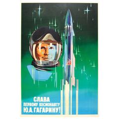 Original Russian 1961 Soviet Space Poster, Glory to the First Cosmonaut Gagarin