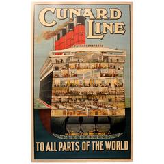 Original Antique 1920s Cruise Ship Poster, Cunard Line to All Parts of the World