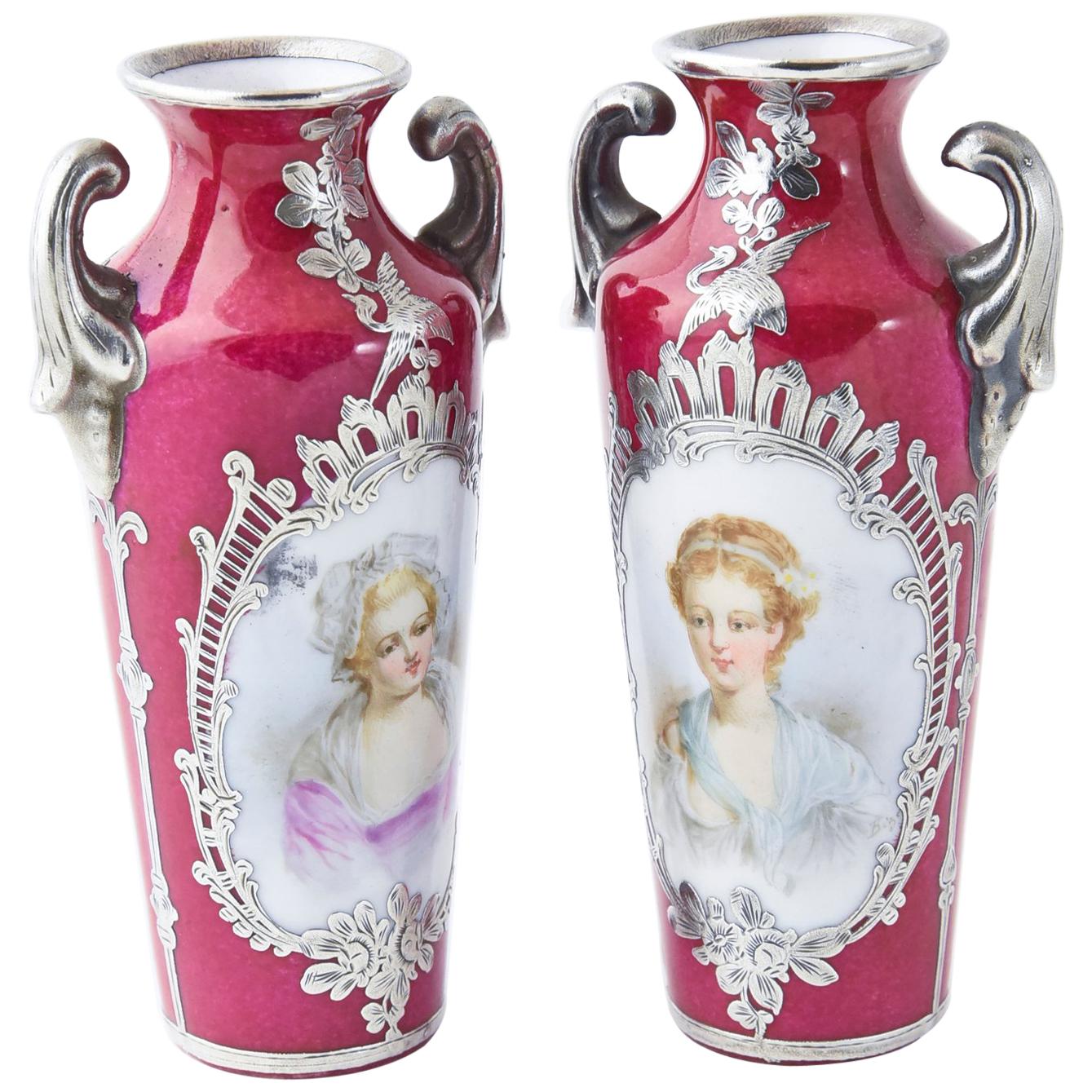 Pair of Pink Miniature Antique Portrait Vases with Silver Overlay Decoration
