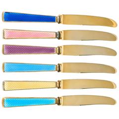 Set of Six Colorful Vermeil and Enamel Hors d'oeuvres Knives