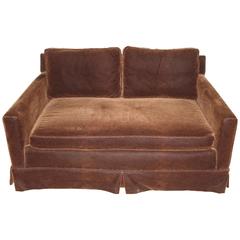 Mid-Century Modern Loveseat, Reupholstered in Chocolate Mohair, Goose Down