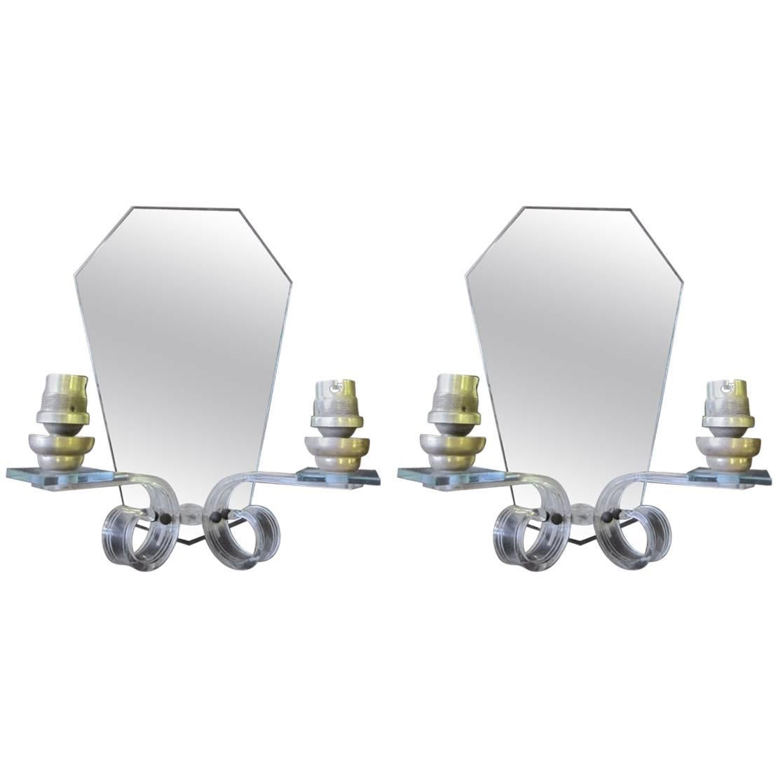 Pair of French Mid-Century Modern Mirrored Sconces Attributed to Maison Bagues For Sale