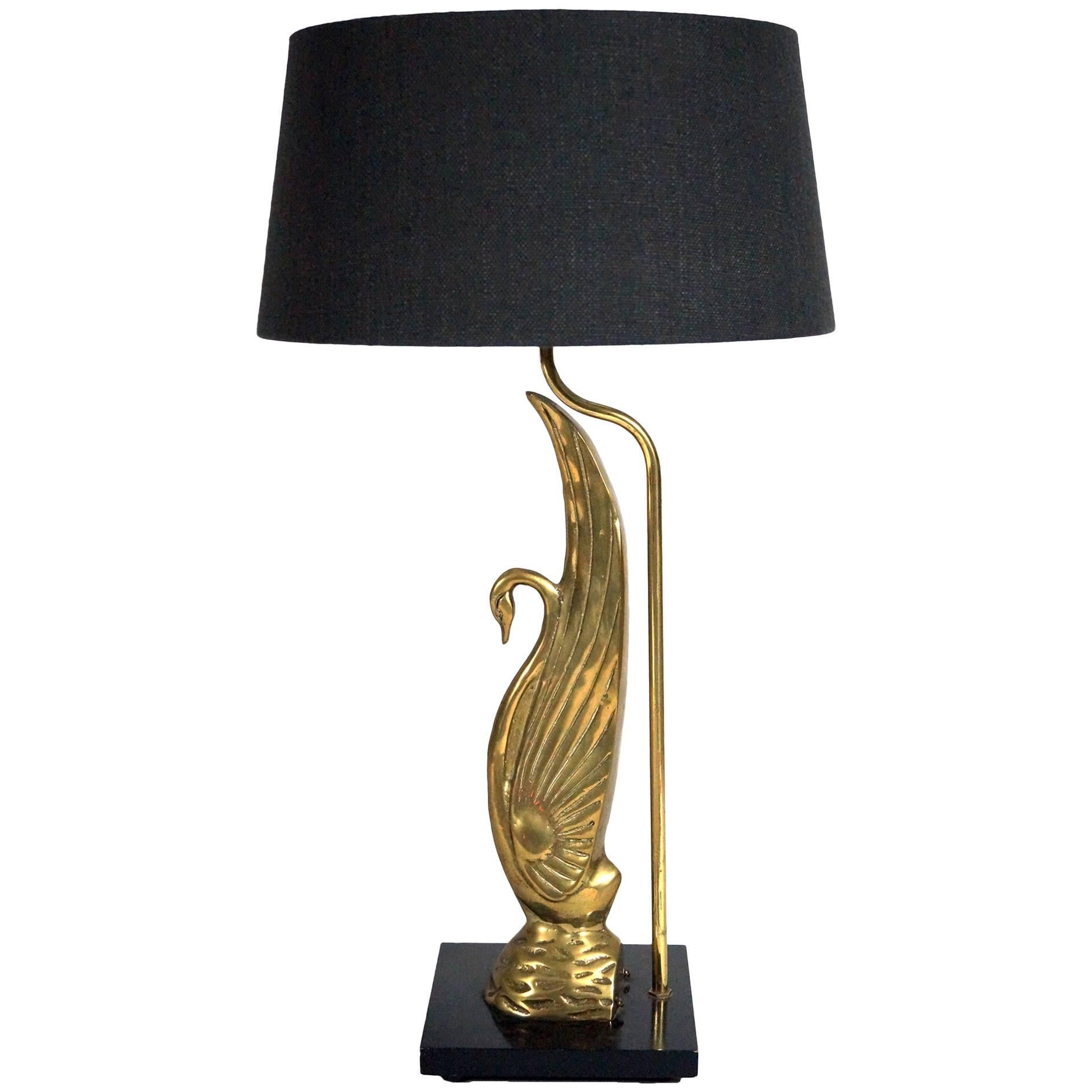 Hollywood Regency Brass Swan Table Lamp For Sale