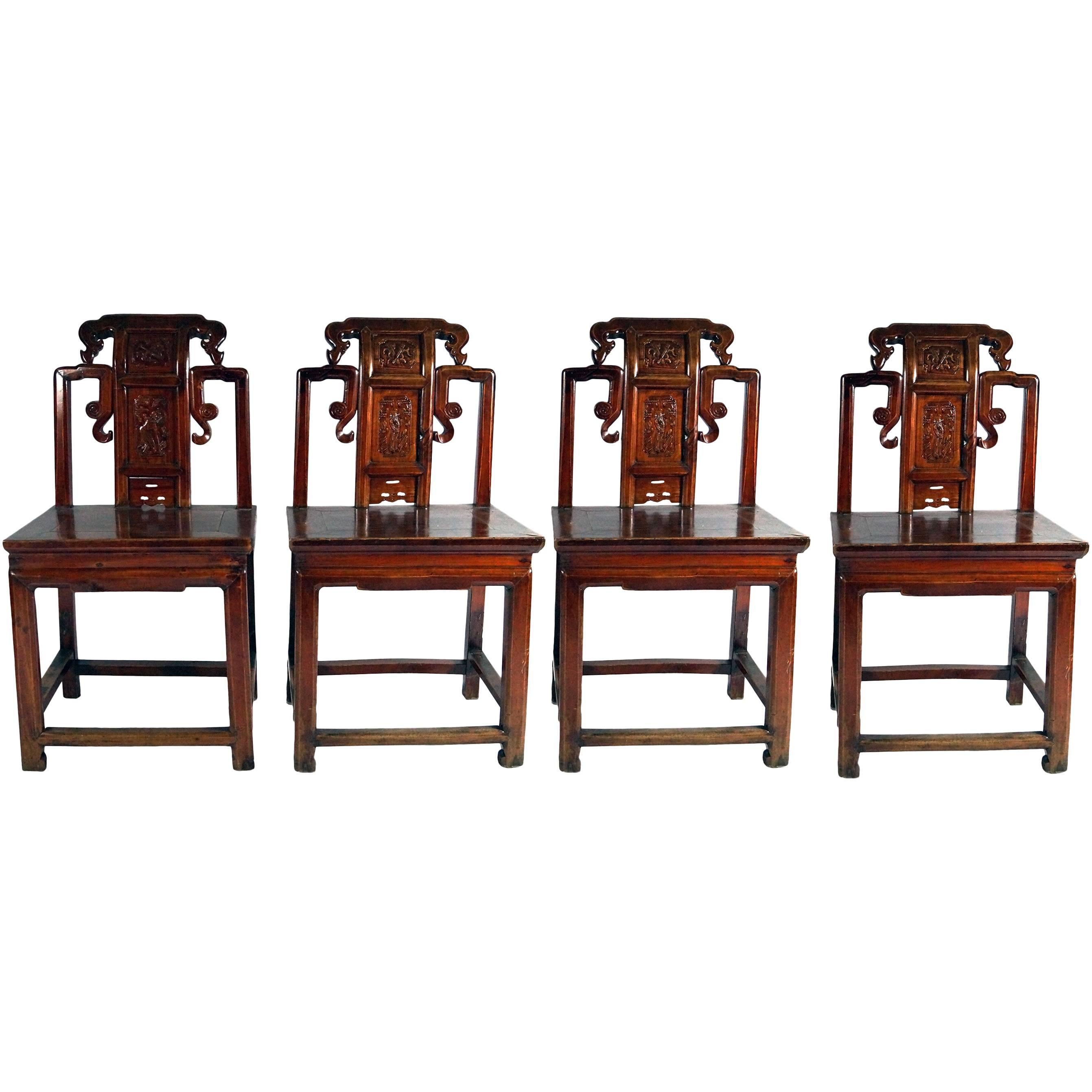 Four Striking Red Chinese Carved Wood Chairs, 1860s For Sale