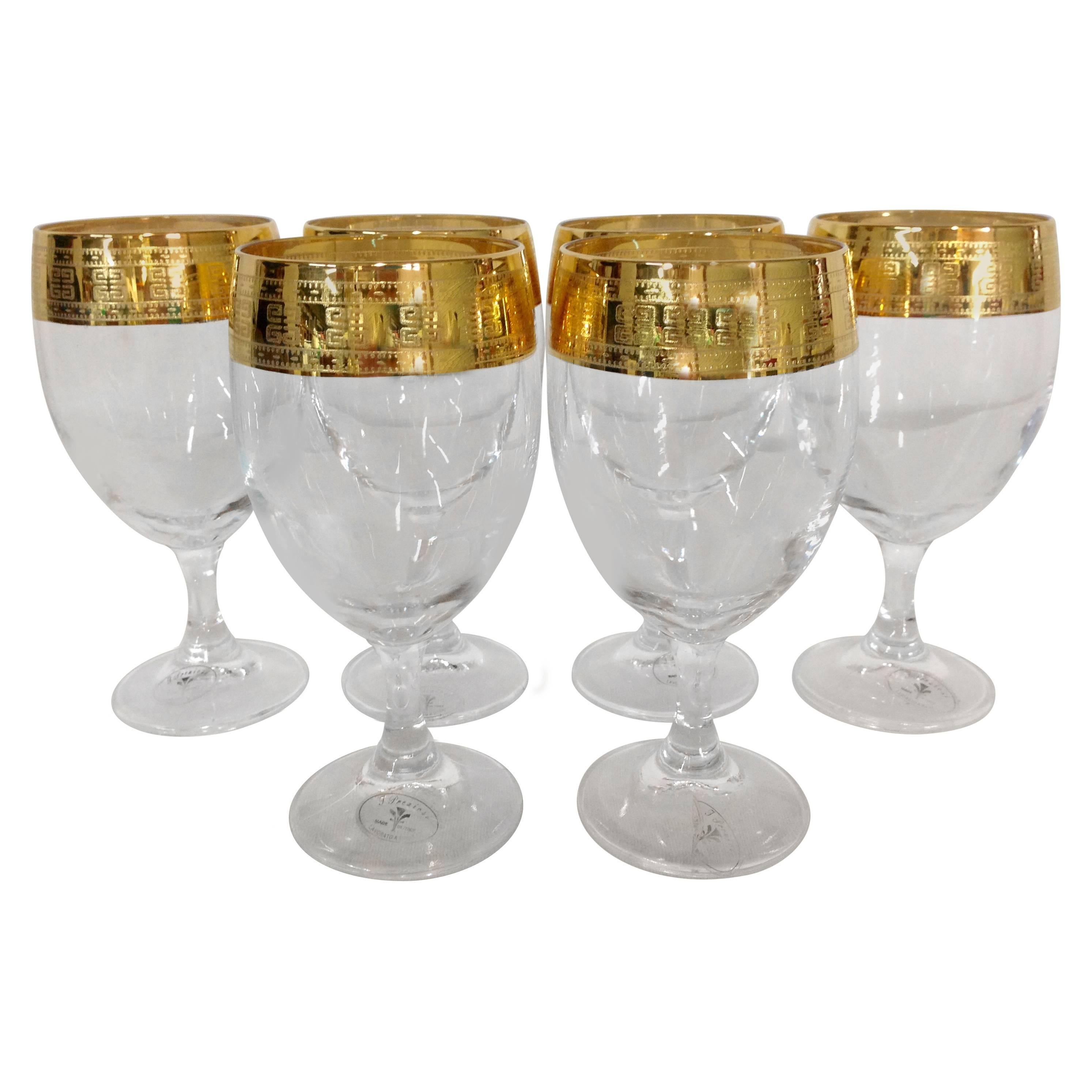 1980s Gold Rim Greek Key Stem Glasses, Set of Six