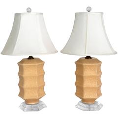 Vintage Pair of Peach Cased Glass & Lucite Table Lamps