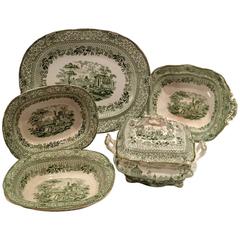 Antique Staffordshire Set of 6 "Grecian Green" Serving Pieces By, Ridgways