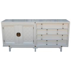 Modern Pale Neutral White Lacquered Sideboard with Brass Accents