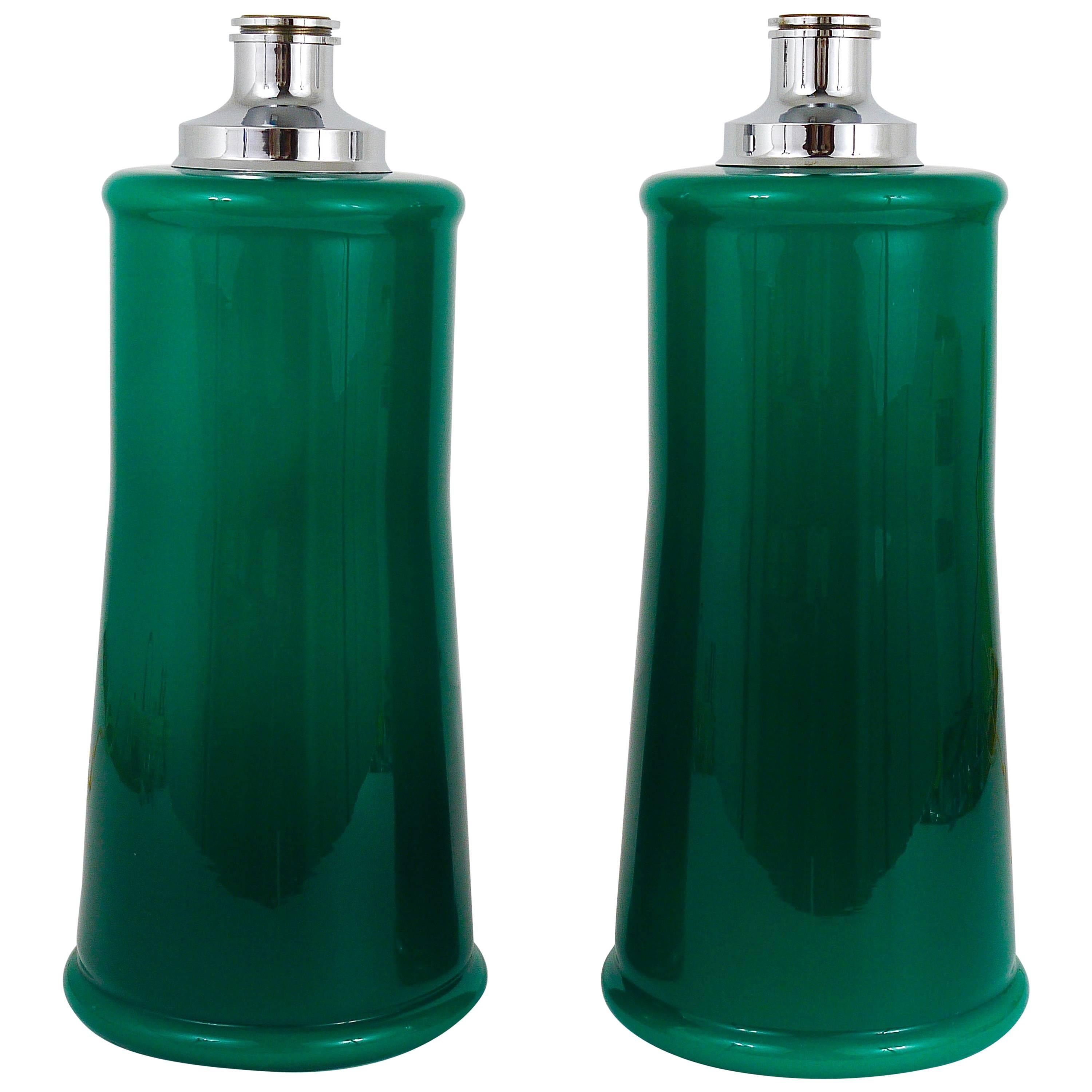 A Pair of Large Green Murano Glass Side or Table Lamps, Italy, 1960s For Sale