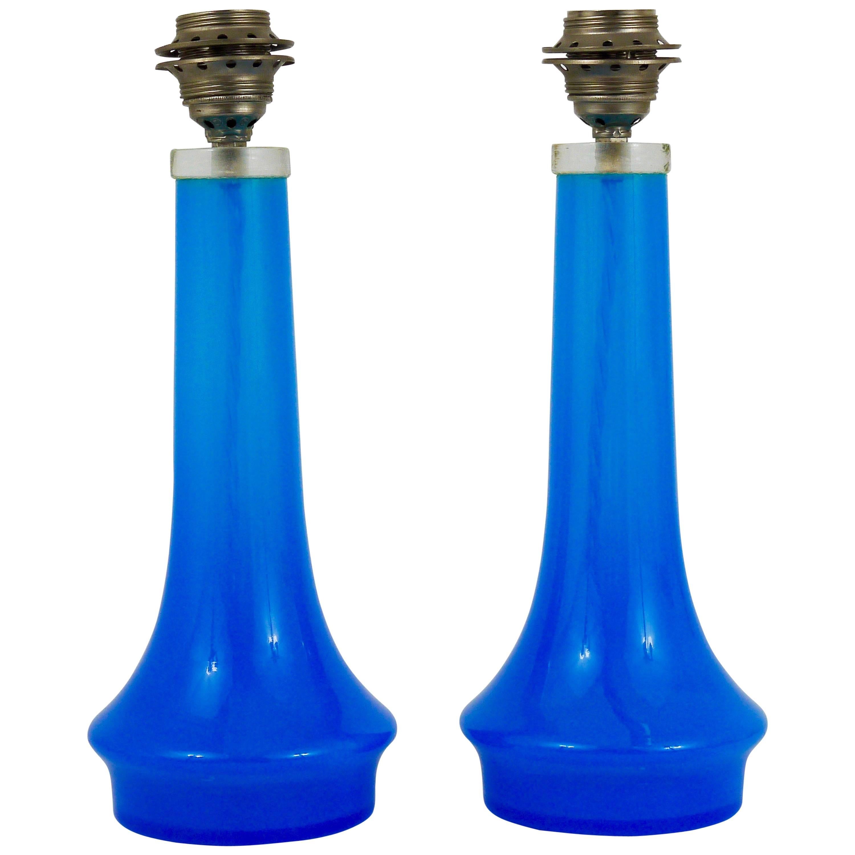 Pair of Blue Mid-Century Murano Glass Side Lamps, Italy, 1950s