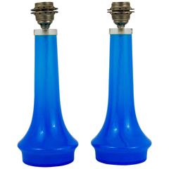 Vintage Pair of Blue Mid-Century Murano Glass Side Lamps, Italy, 1950s