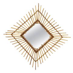 Spanish 1960s Rattan Rhombus Sunburst Mirror