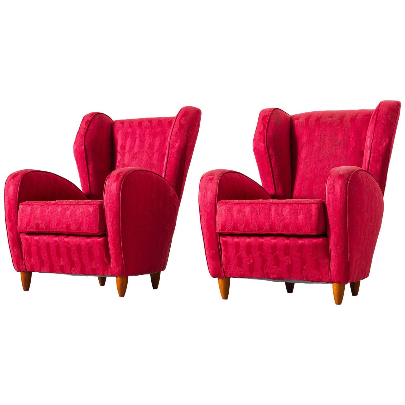 Pair of Italian Red Wingback Lounge Chairs