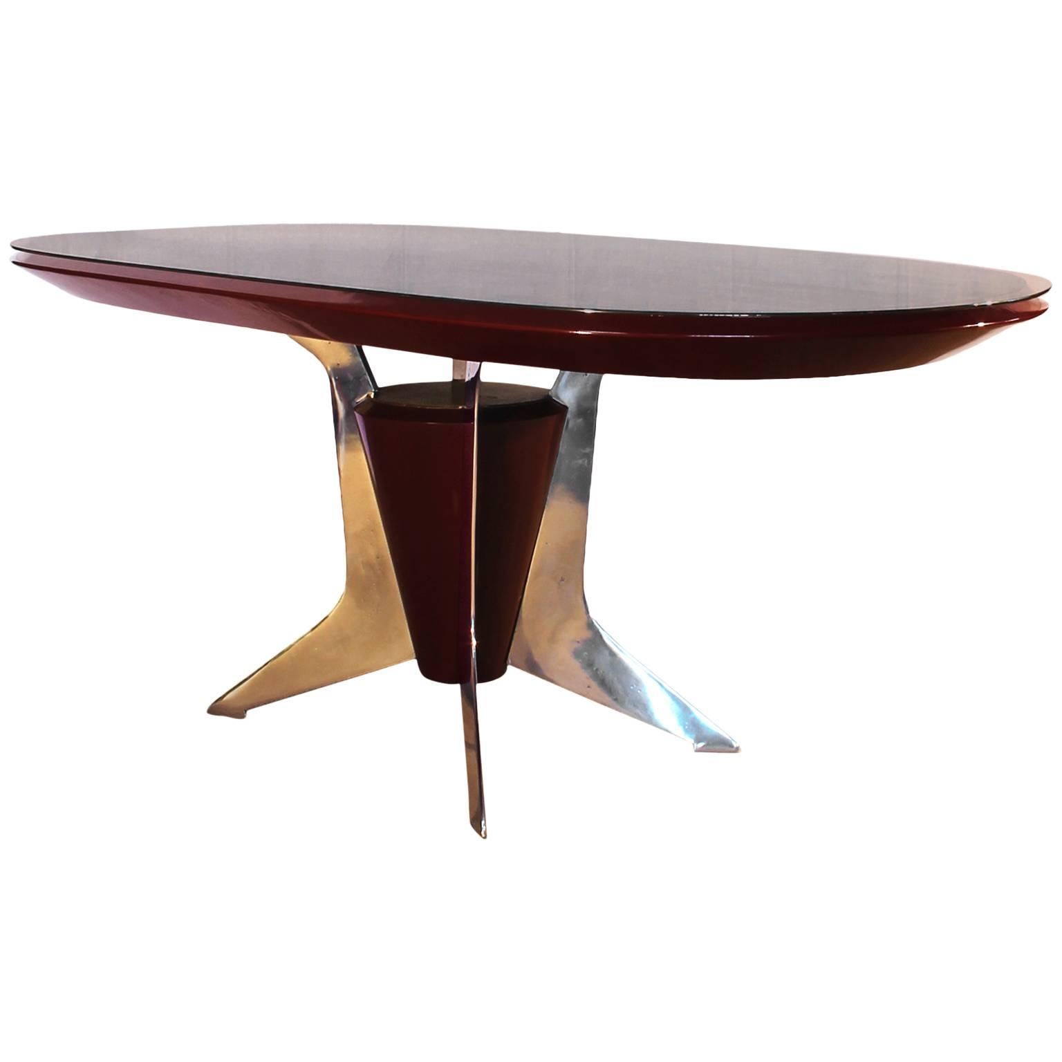 1950´s Dining Table, red lacquered wood, aluminium, silver leaf glass - Italy  