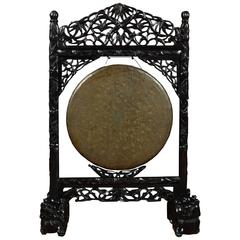 Antique 19th Century Chinese Gong on Carved Hardwood Stand