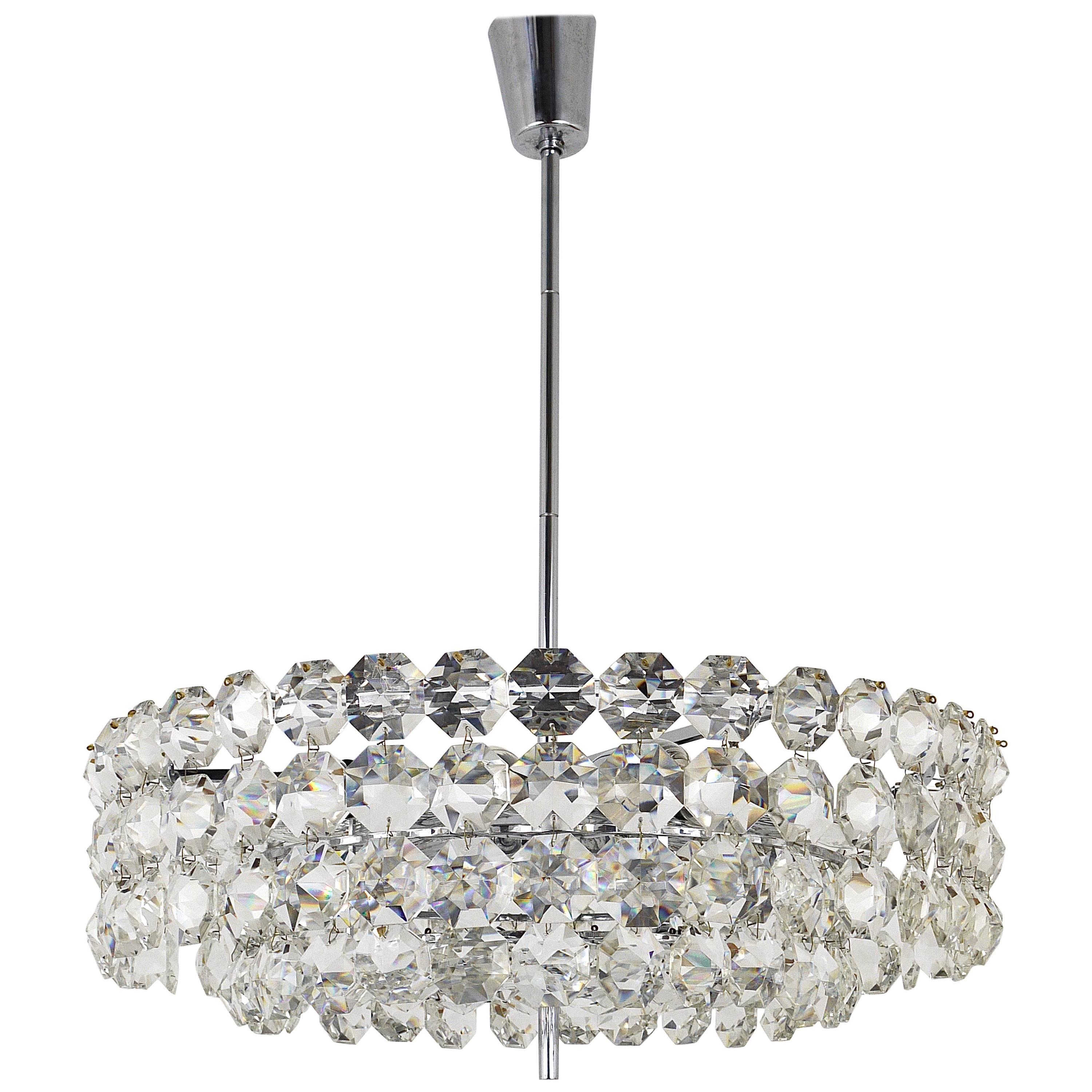 Large Bakalowits Nickel Brass Chandelier with Diamond Crystals, Austria, 1950 For Sale