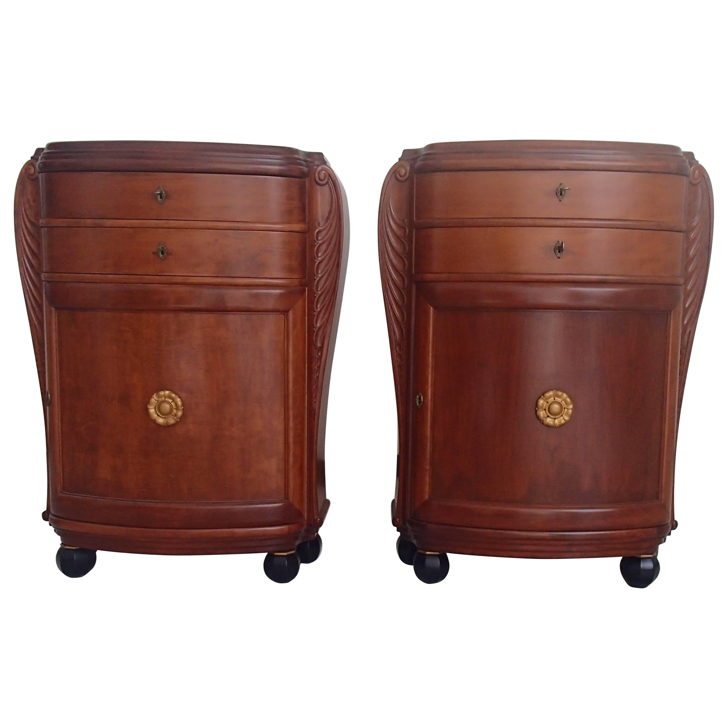 1920 Pair of Cabinets/Consoles/Cupboards Tinted Birch 4 Ball Legs Floral Emblem For Sale