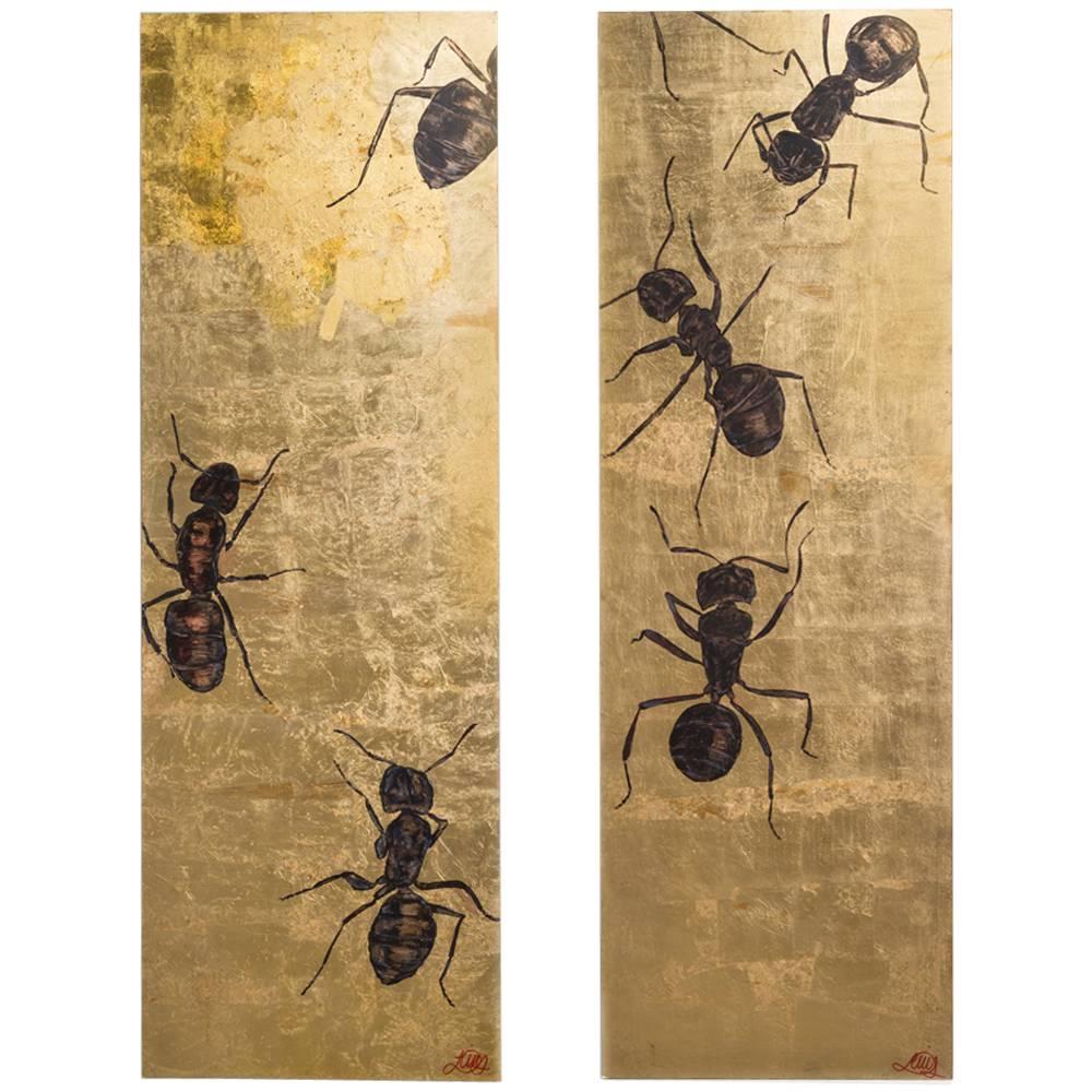 Large Gold Leaf Panel by Lily Lewis Titled the Colony, 2009 For Sale