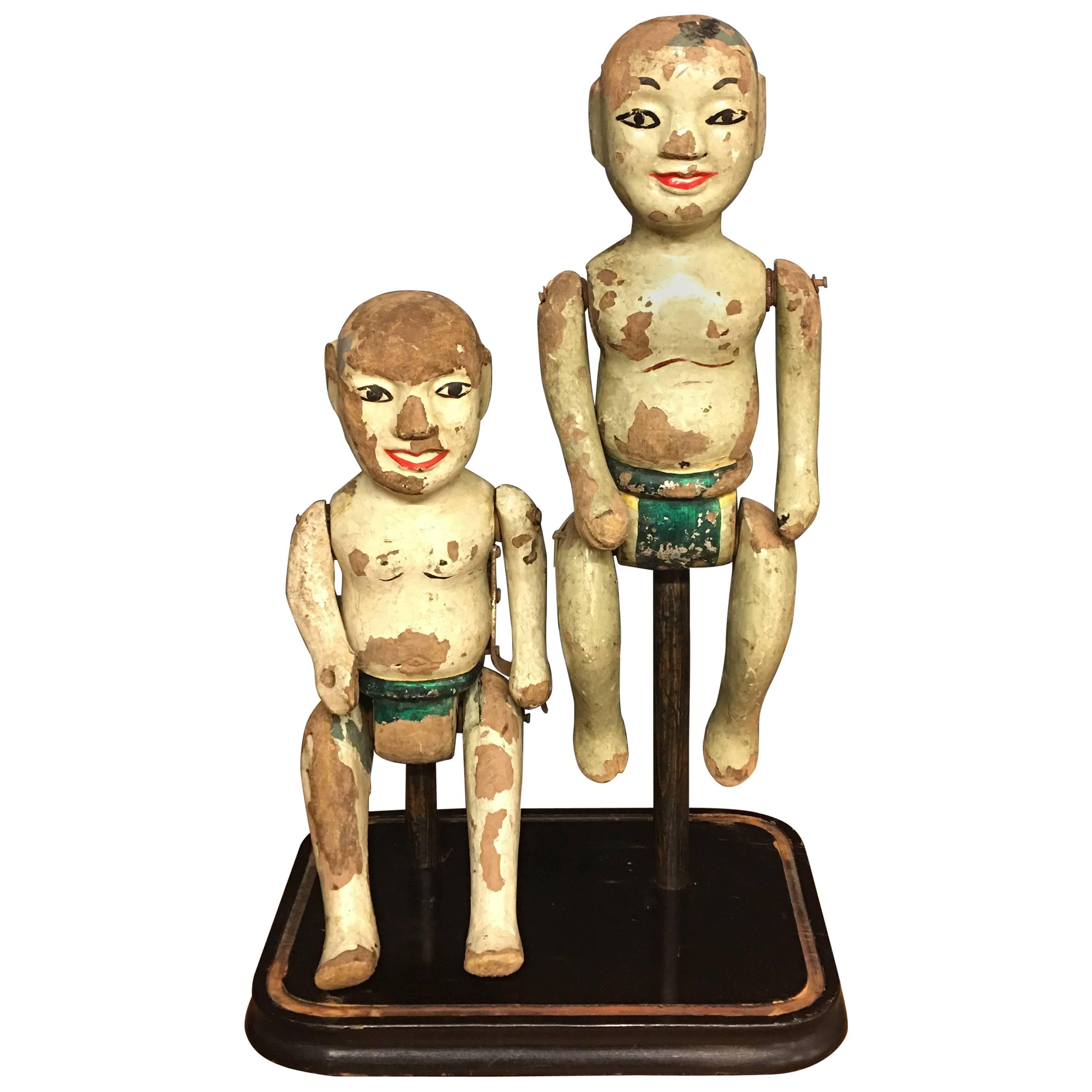 Rare Pair of Antique Vietnamese Puppets 19th Century under Antique Glass Dome For Sale