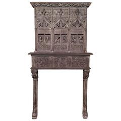 19th Century, Hand-Carved Neo Gothic Fireplace in Finely Carved Walnut