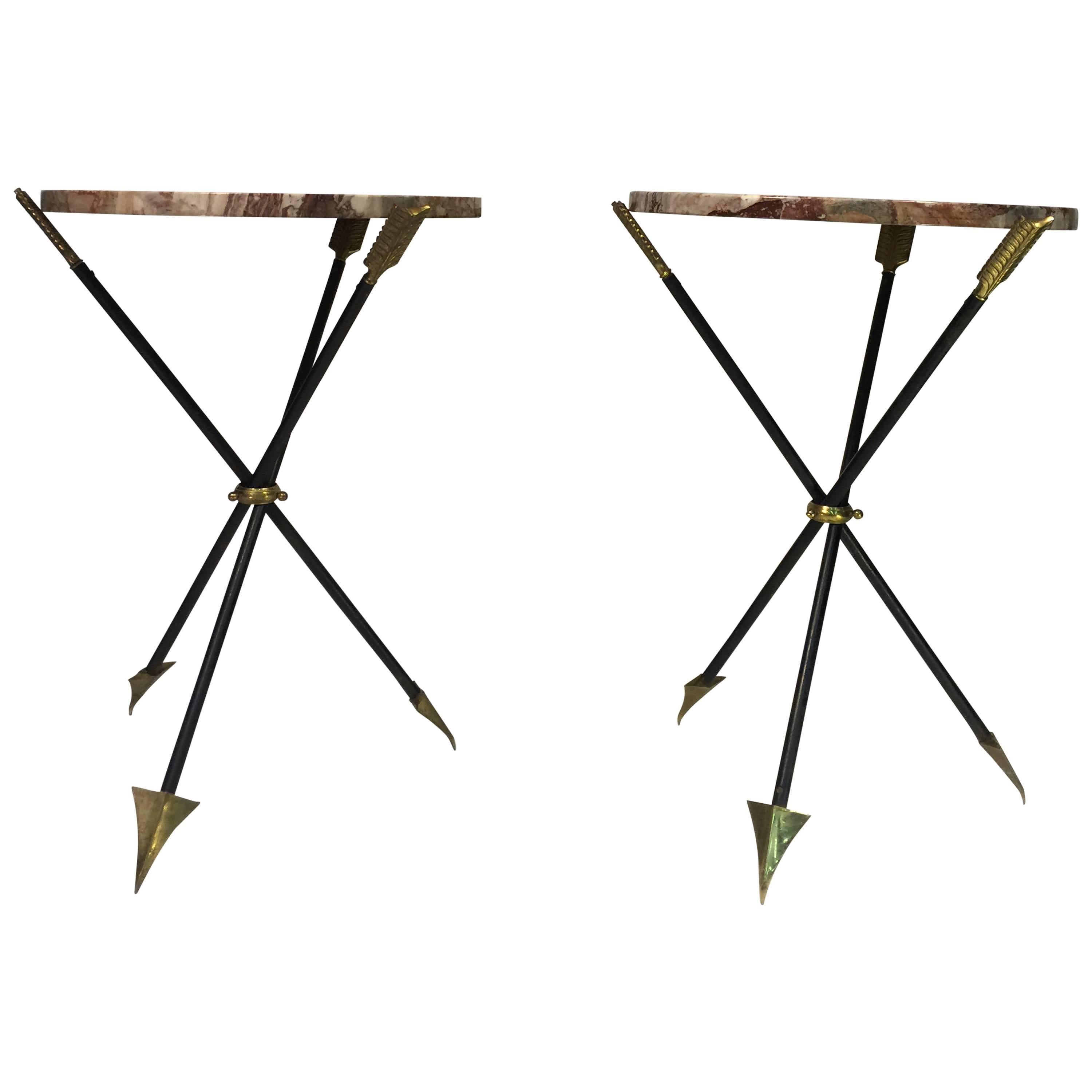 Exceptional Pair of Brass and Iron Arrow Side Tables Attributed to Maison Jansen For Sale