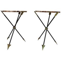 Exceptional Pair of Brass and Iron Arrow Side Tables Attributed to Maison Jansen