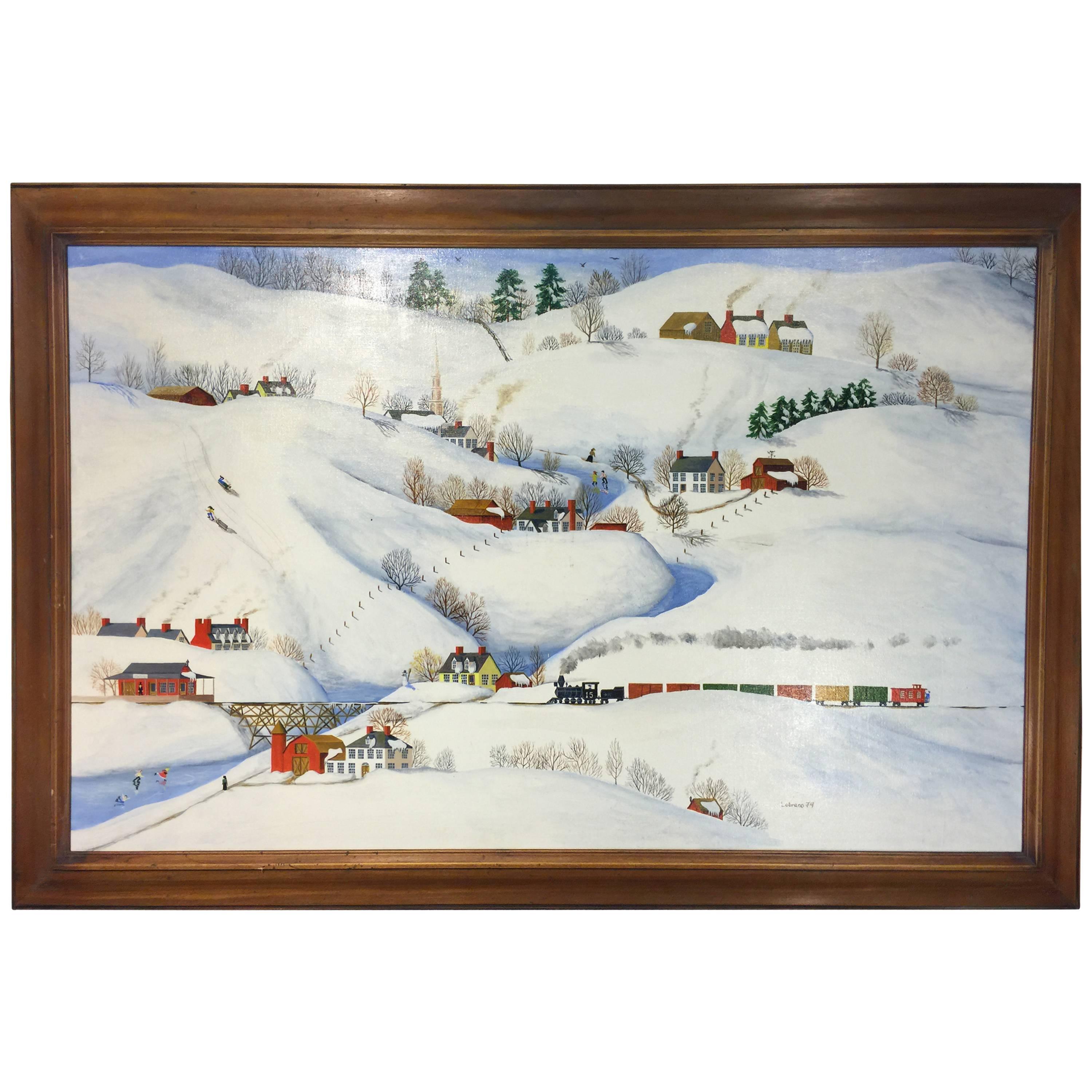 Folk Art Painting of a Snow Scene by American Artist Dewitt Jones Lobrano