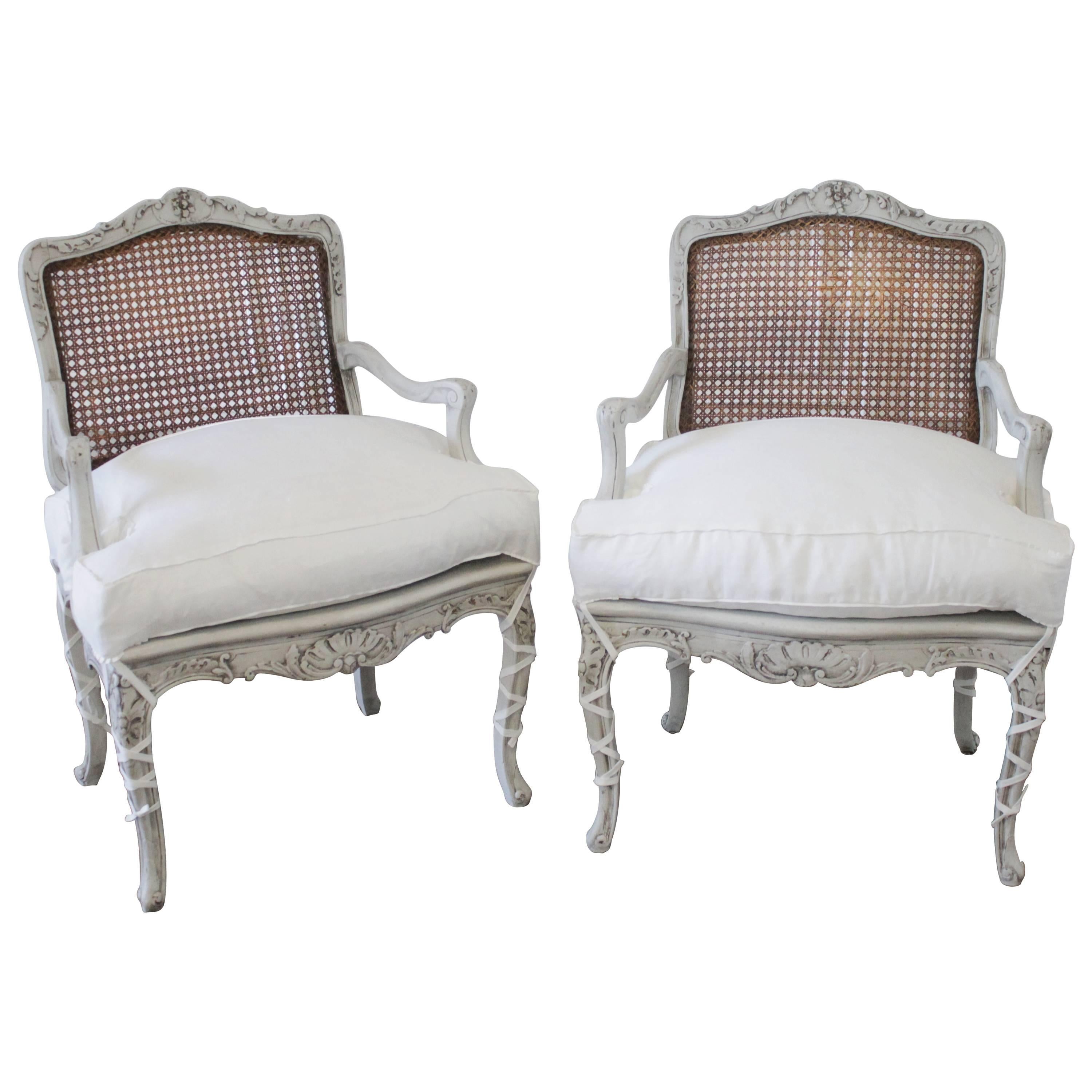 Pair of 19th Century French Cane Louis XV Chairs with Linen Slip Covered Cushion