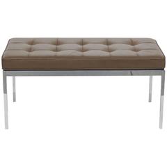 Florence Knoll Style Brown Leather Tufted and Chrome Bench