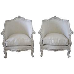 Pair of French Painted Louis XV Style Bergere Chairs in Natural Belgian Linen