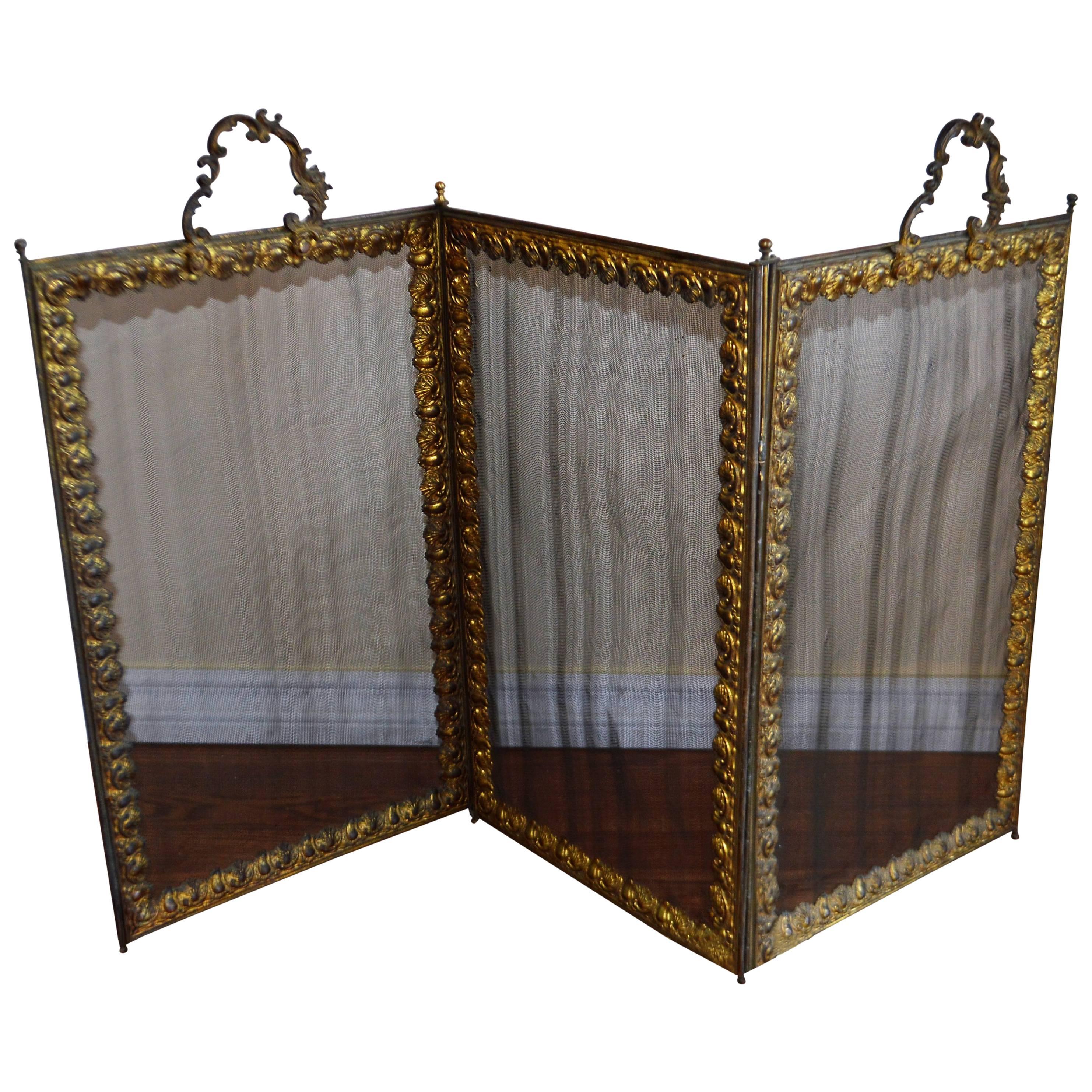 French Folding Bronze and Mesh Fireplace Screen For Sale