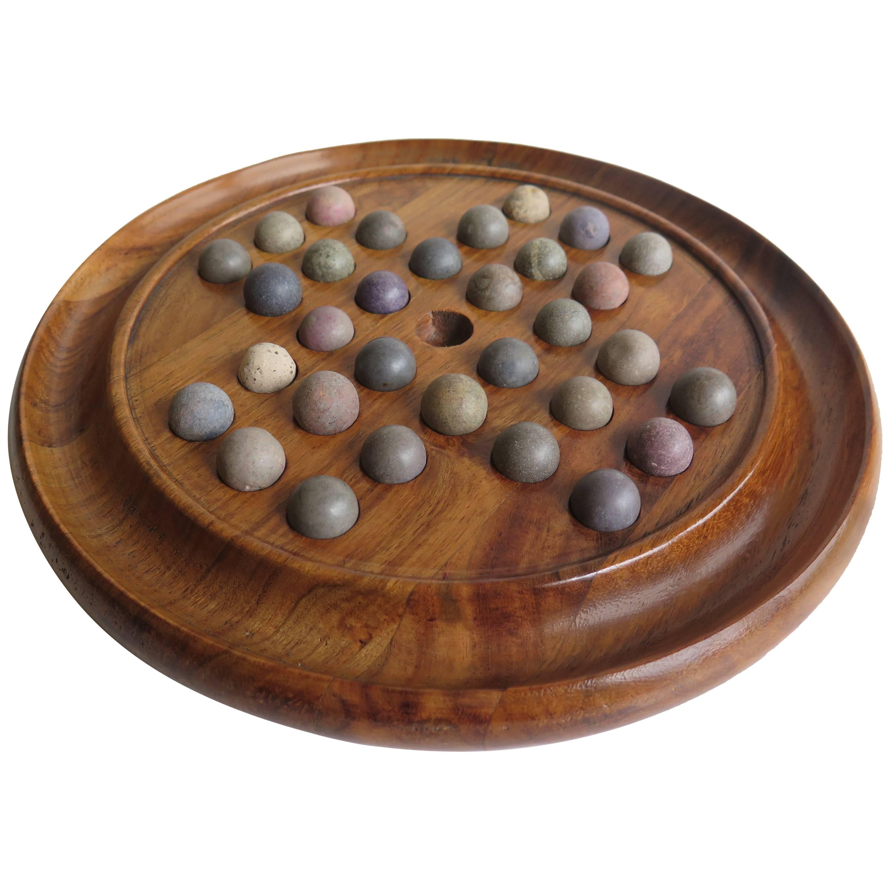 19th Century, Marble Solitaire Board Game, Walnut Board with 32 Handmade Marbles