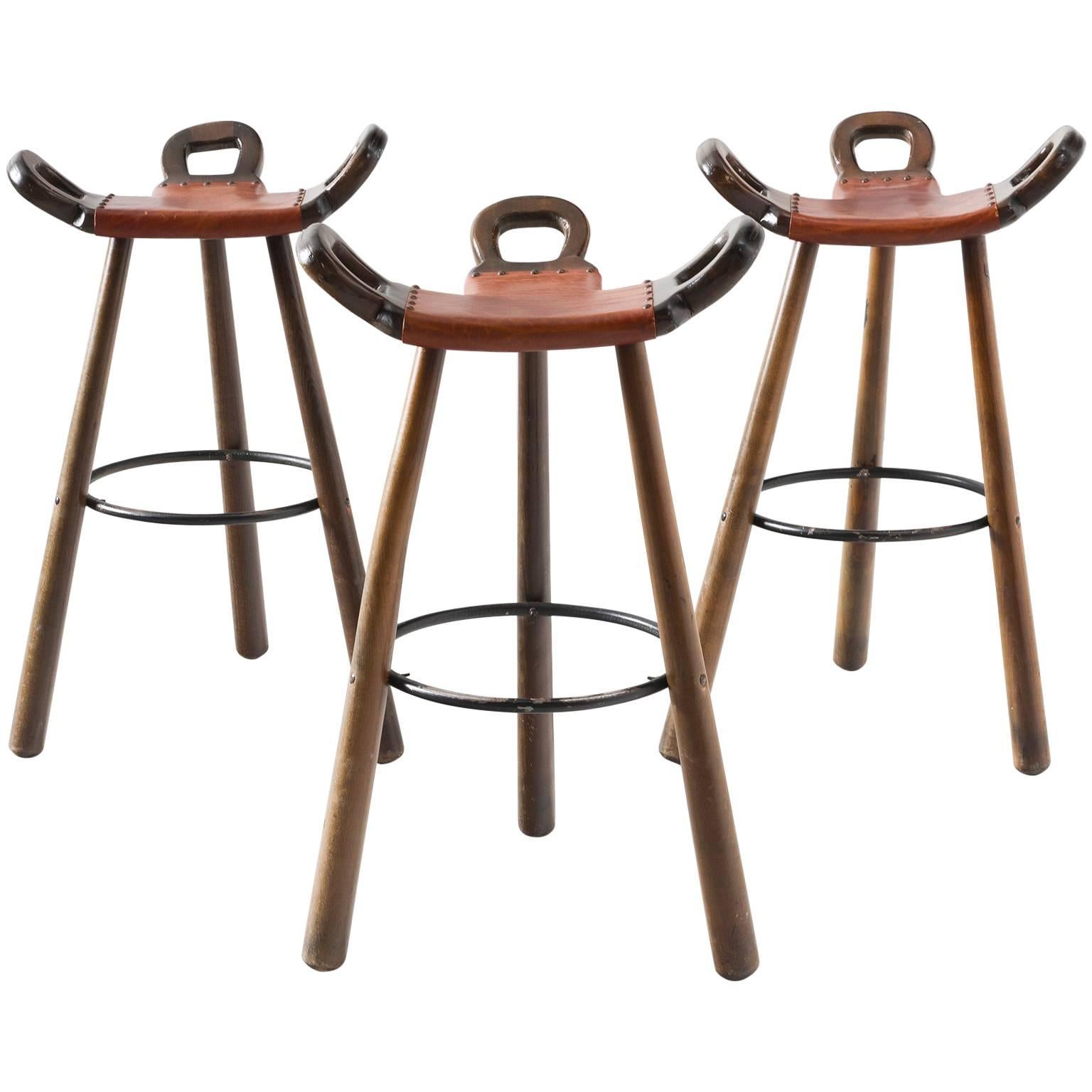 Set of Three 'Marbella' Brutalist Bar Stools with Leather Seating