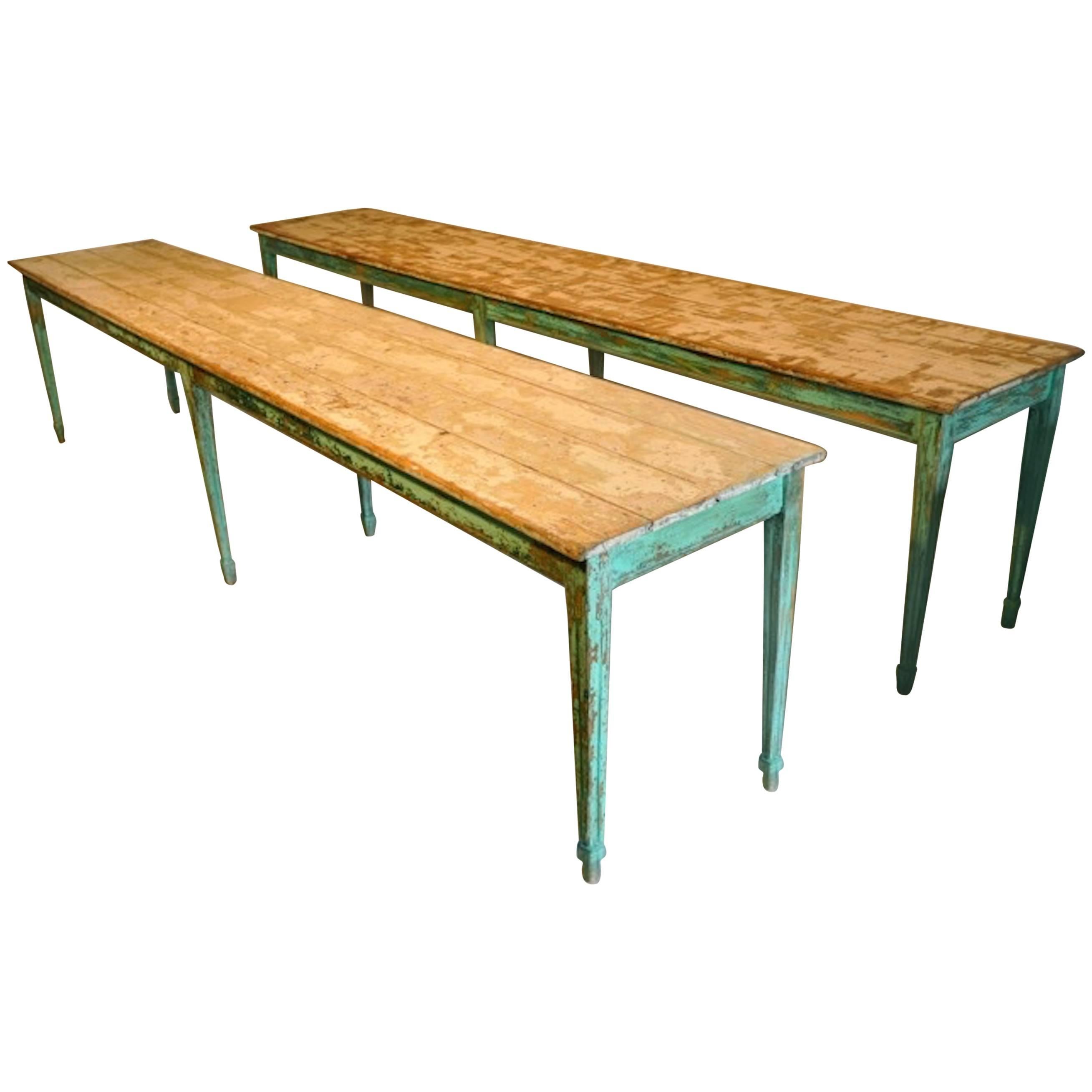 Pair of Long French Painted Farm Tables or Hall Tables