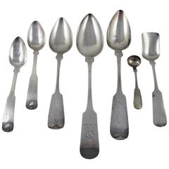 Antique Post Revolutionary American Mixed Pattern Coin-Silver Serving Spoons, S/7
