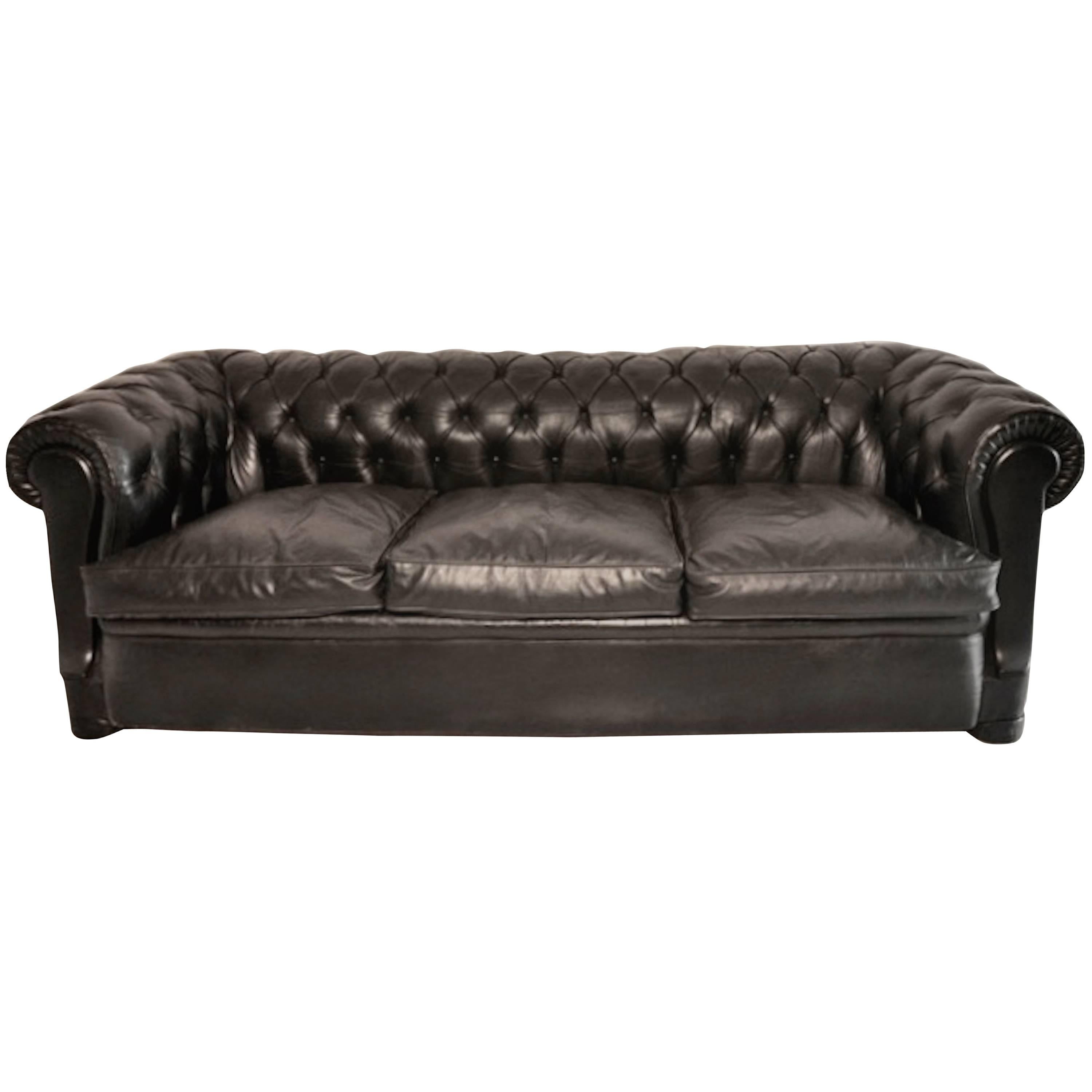 Vintage English Black Leather Chesterfield Three-Seat Sofa
