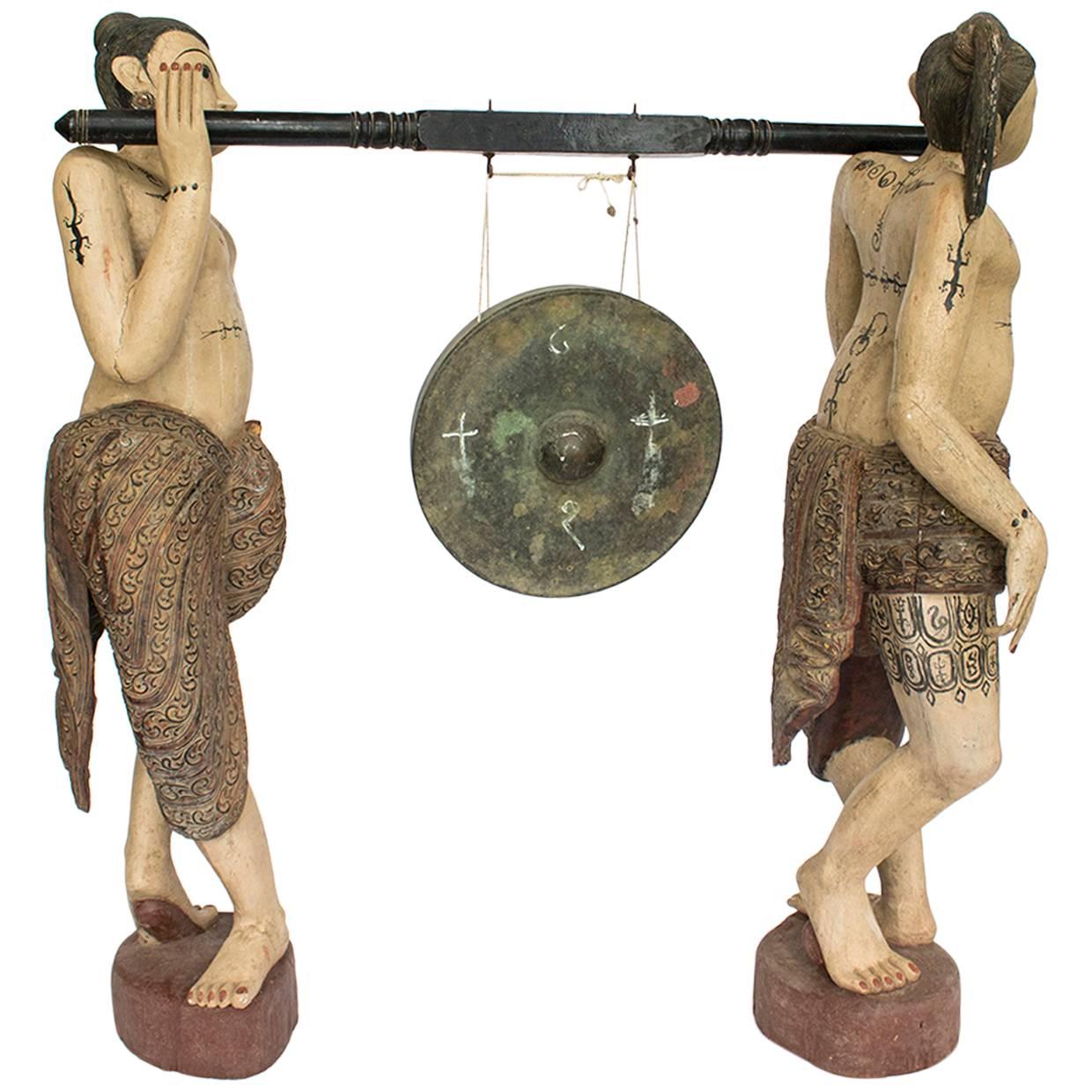 Unusual Burmese Gong Early 20th Century Carved Teak Shan Figurative Statues For Sale