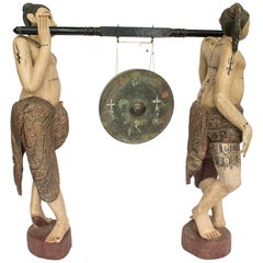 Unusual Burmese Gong Early 20th Century Carved Teak Shan Figurative Statues