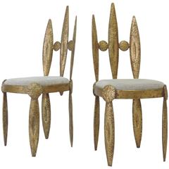 Pair of Brutalist Hammered Metal and Gold Gilt Chairs by Nicolas Blandin