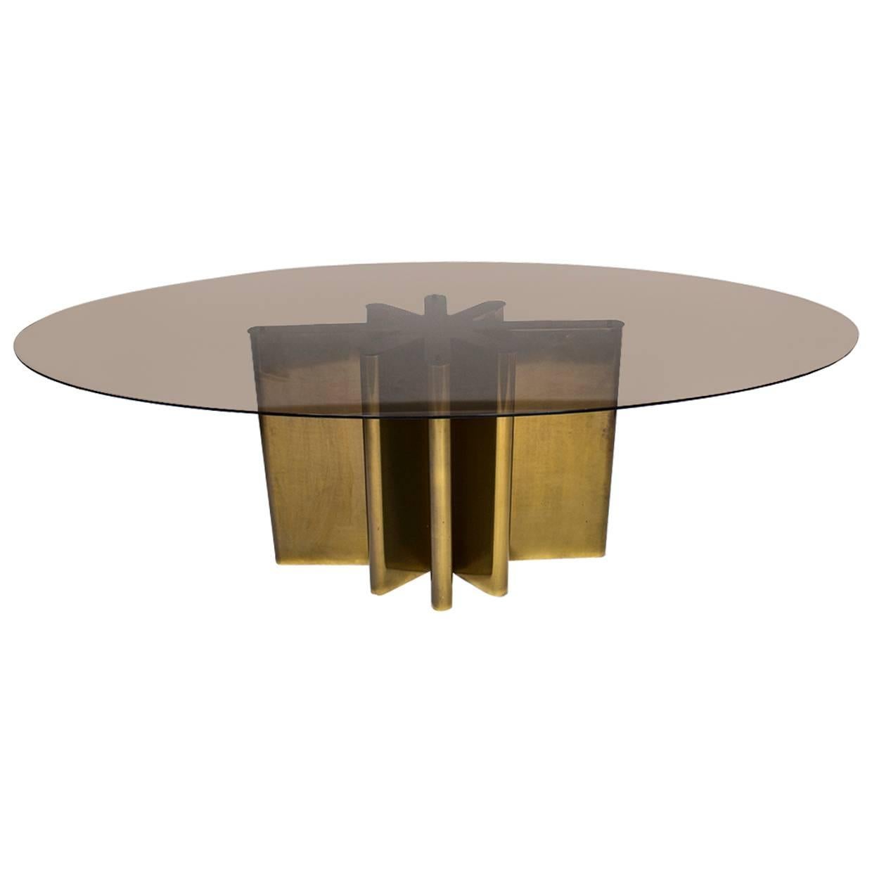 Large Mid-Century Bronze Geometric Bronze Star Form Smoke Glass Table For Sale